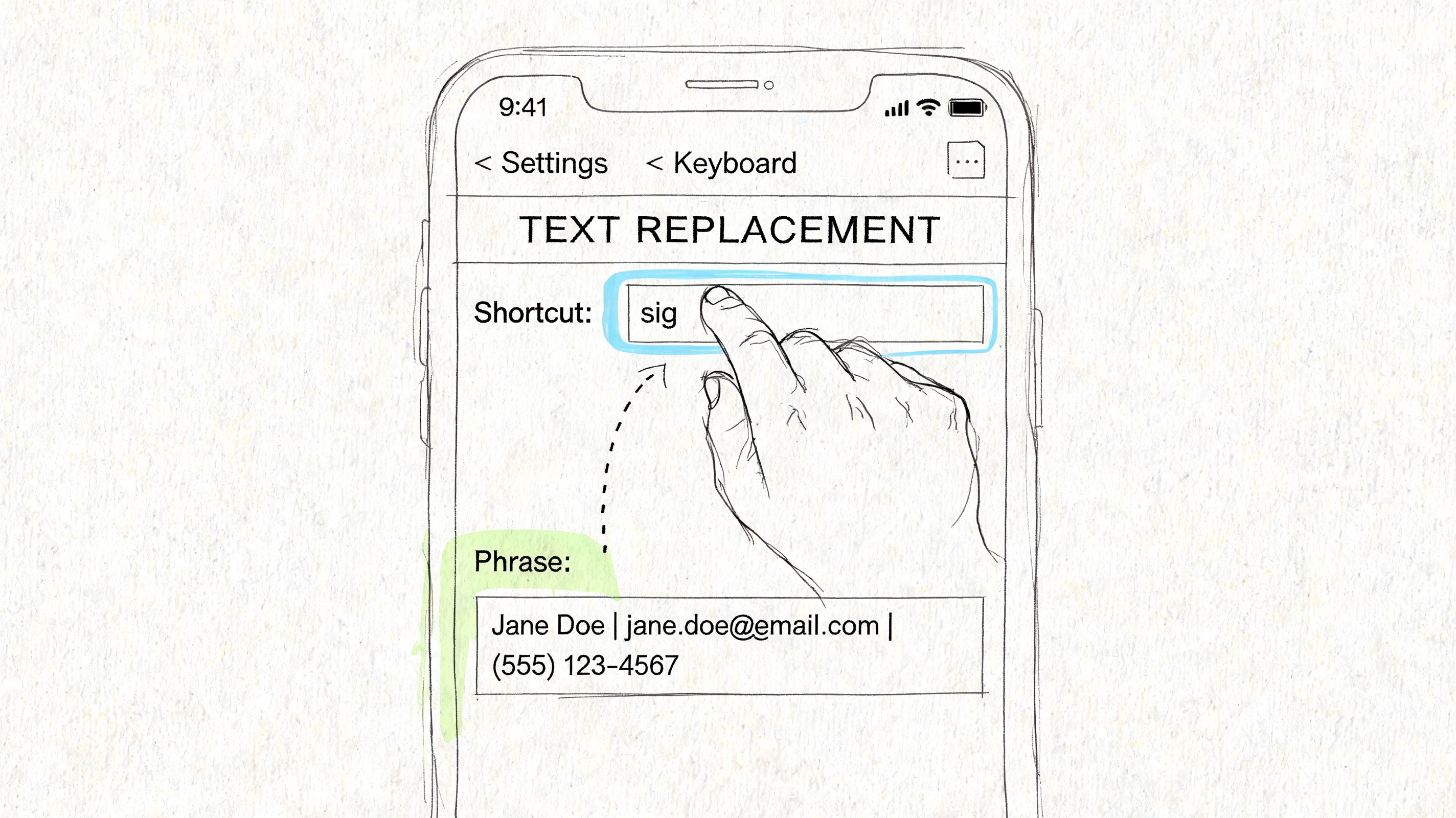 A hand interacting with an iPhone screen to set up a text replacement shortcut signature.
