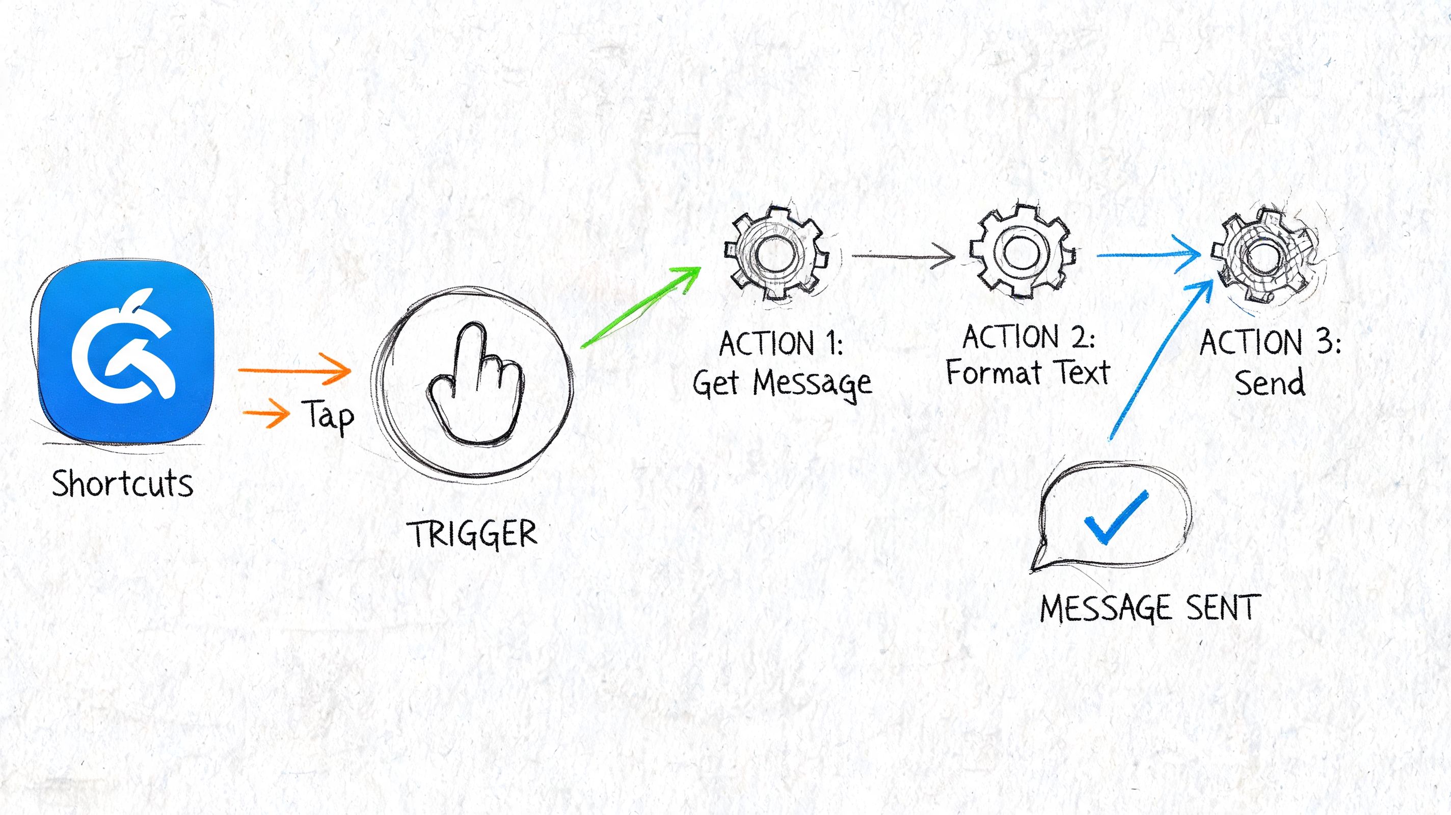 A hand-drawn flowchart illustrating an iPhone Shortcuts automation process from user trigger to message delivery.