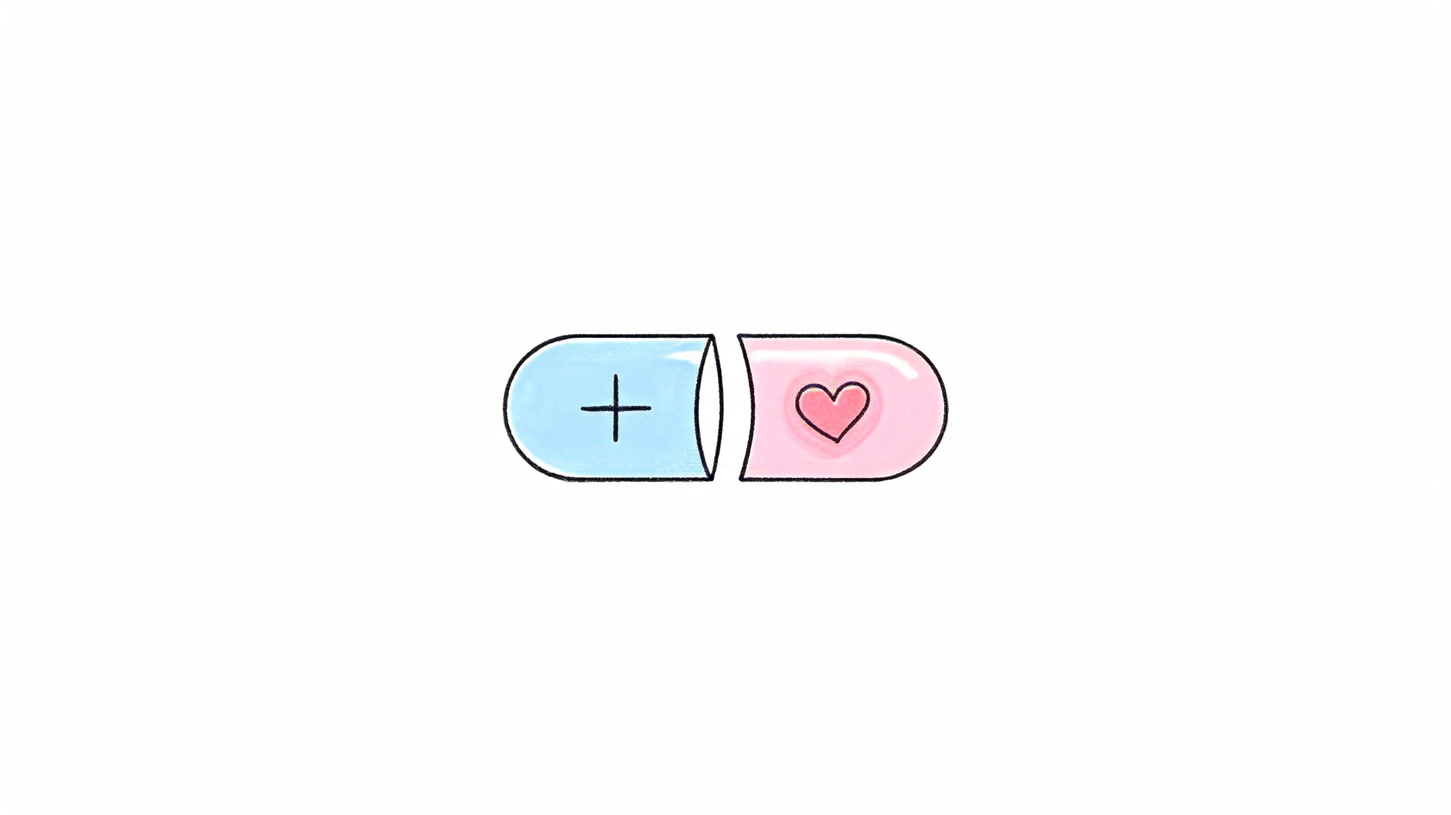 A simple illustration of a two-toned capsule pill with a plus sign and a heart symbol.