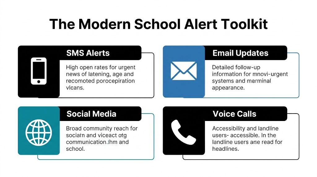An infographic titled The Modern School Alert Toolkit detailing four communication methods for school notifications.