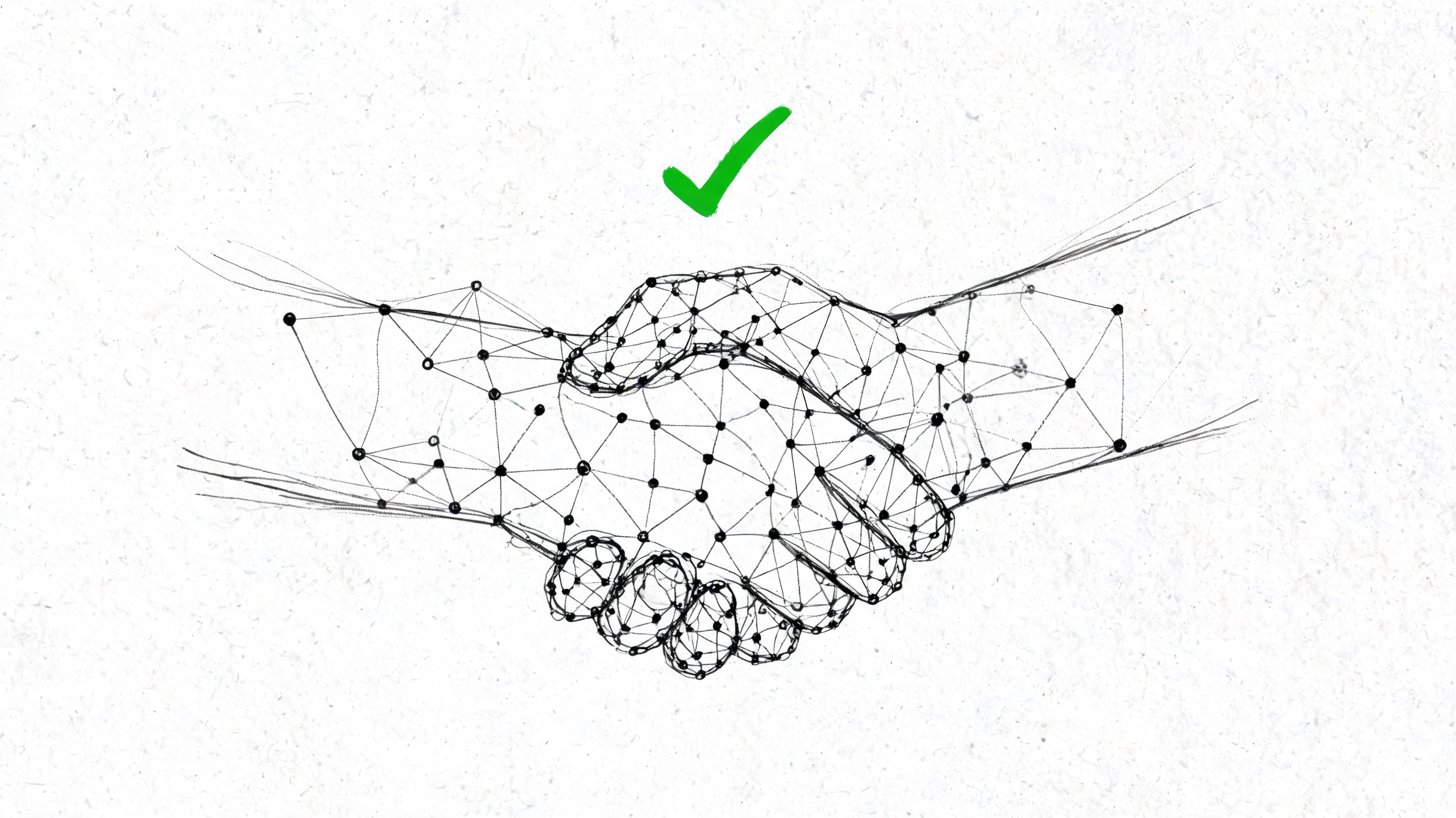 A digital illustration of a wireframe handshake with a green check mark above it on white.