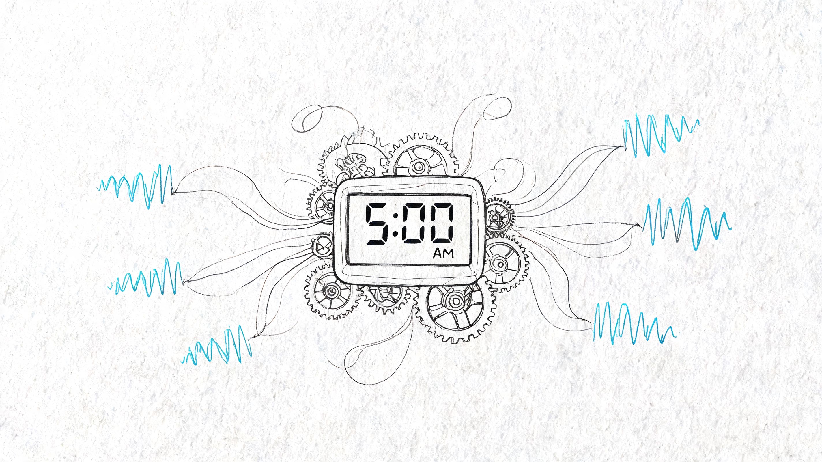 A conceptual digital alarm clock showing 5:00 AM surrounded by gears and blue sound vibration lines.