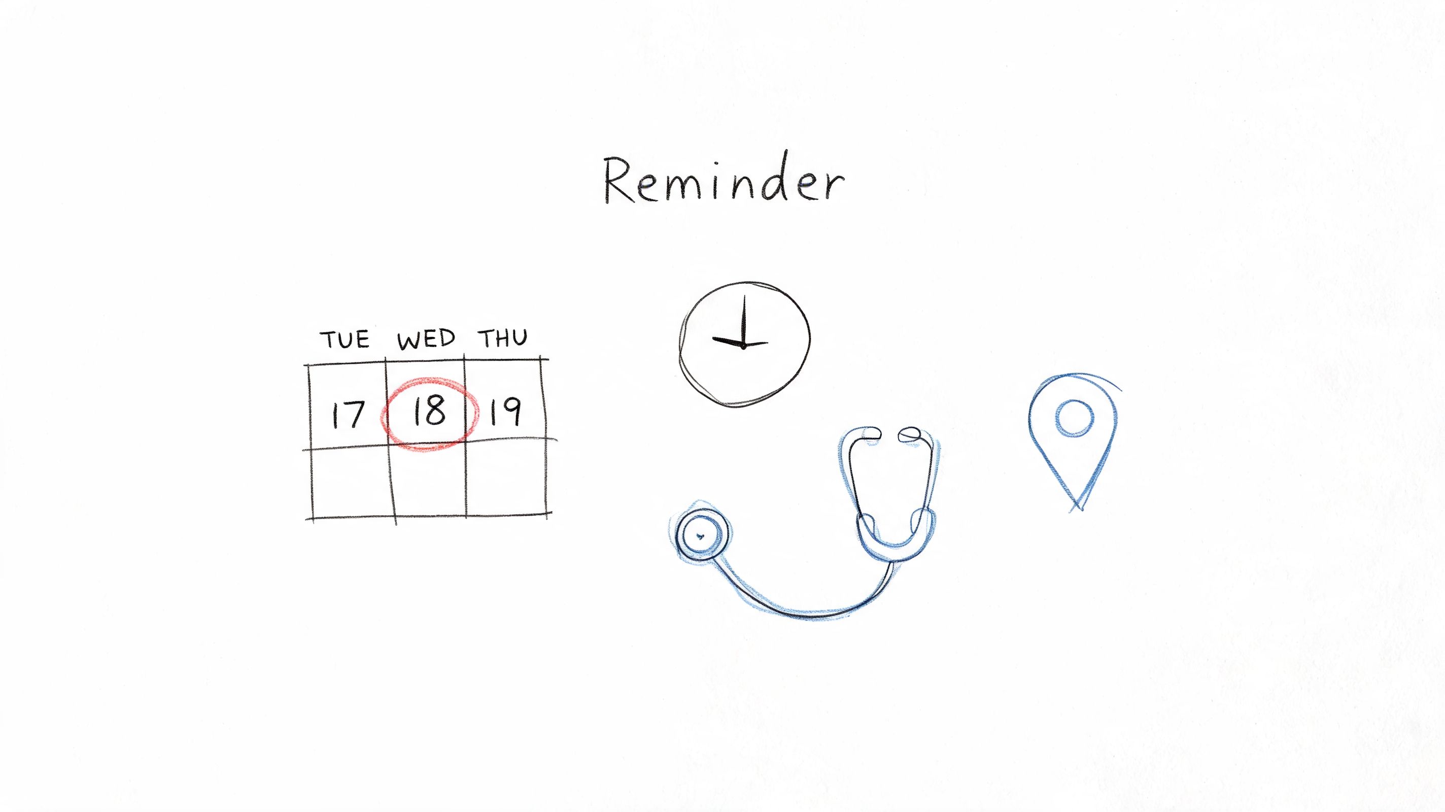 A hand-drawn sketch of a reminder including a calendar date, a clock, a stethoscope, and a location pin.