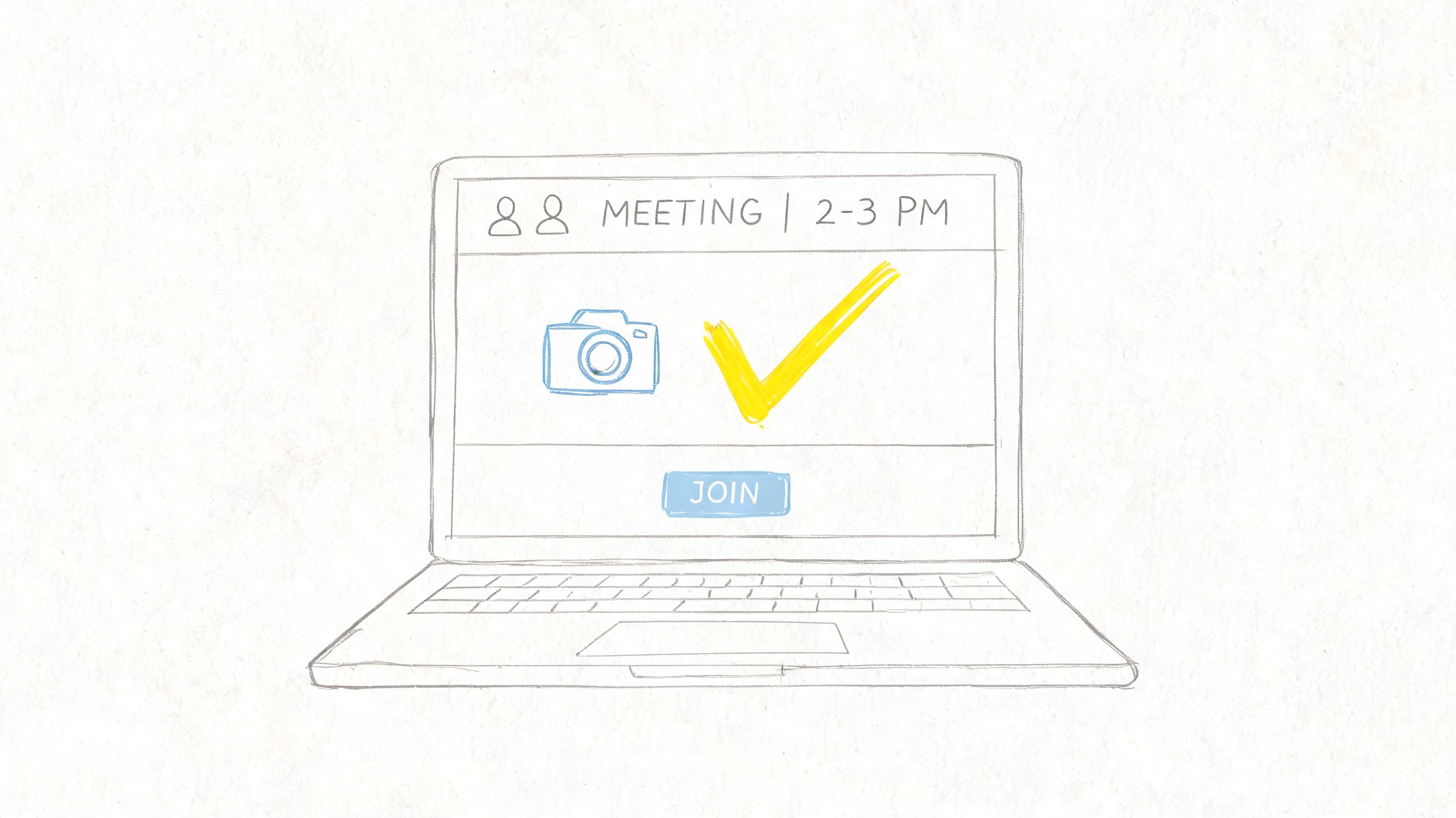 A hand-drawn sketch of a laptop screen showing a virtual meeting invitation and join button.