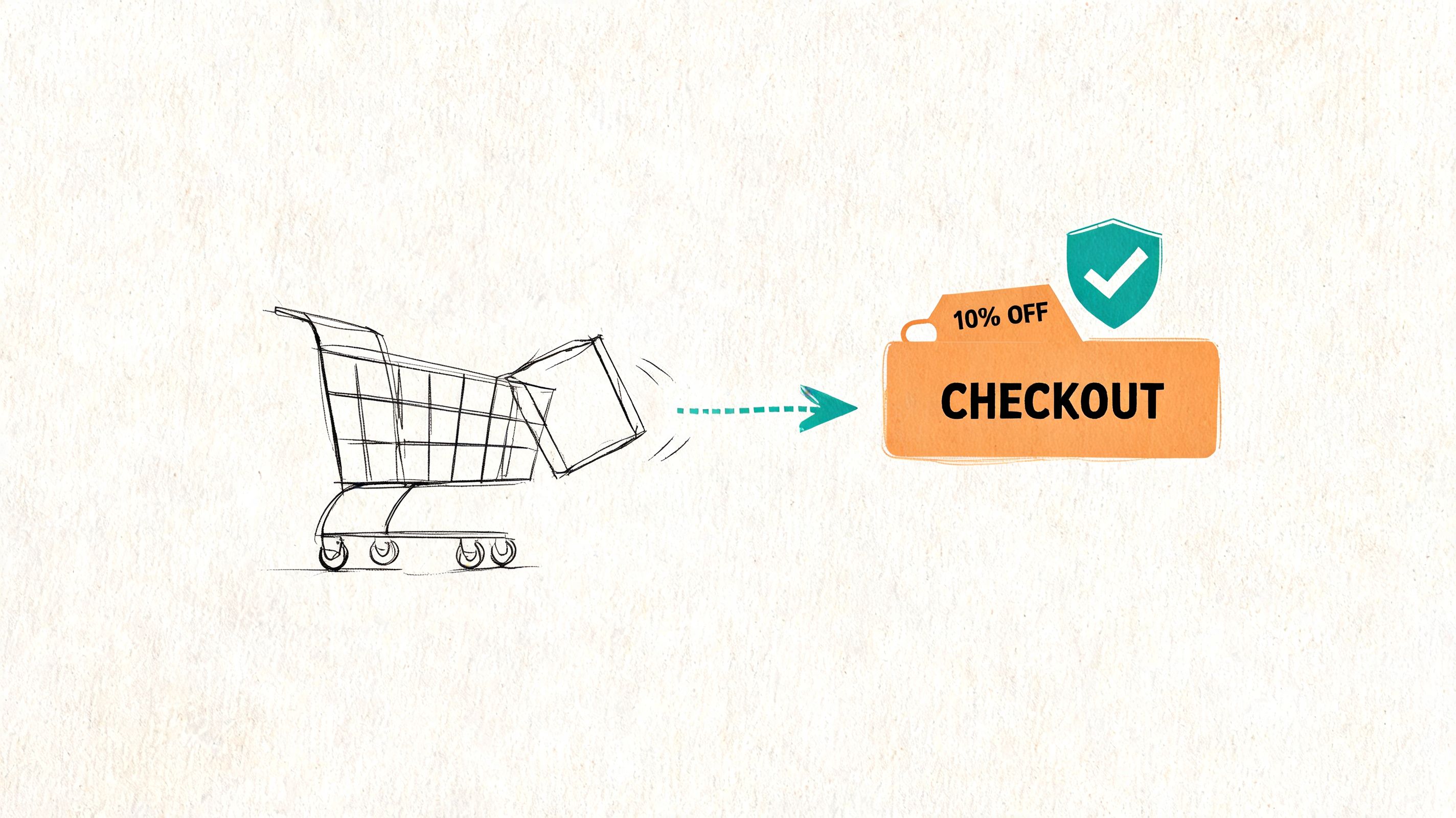 A hand-drawn shopping cart moving toward an orange button that says Checkout with a ten percent off badge.