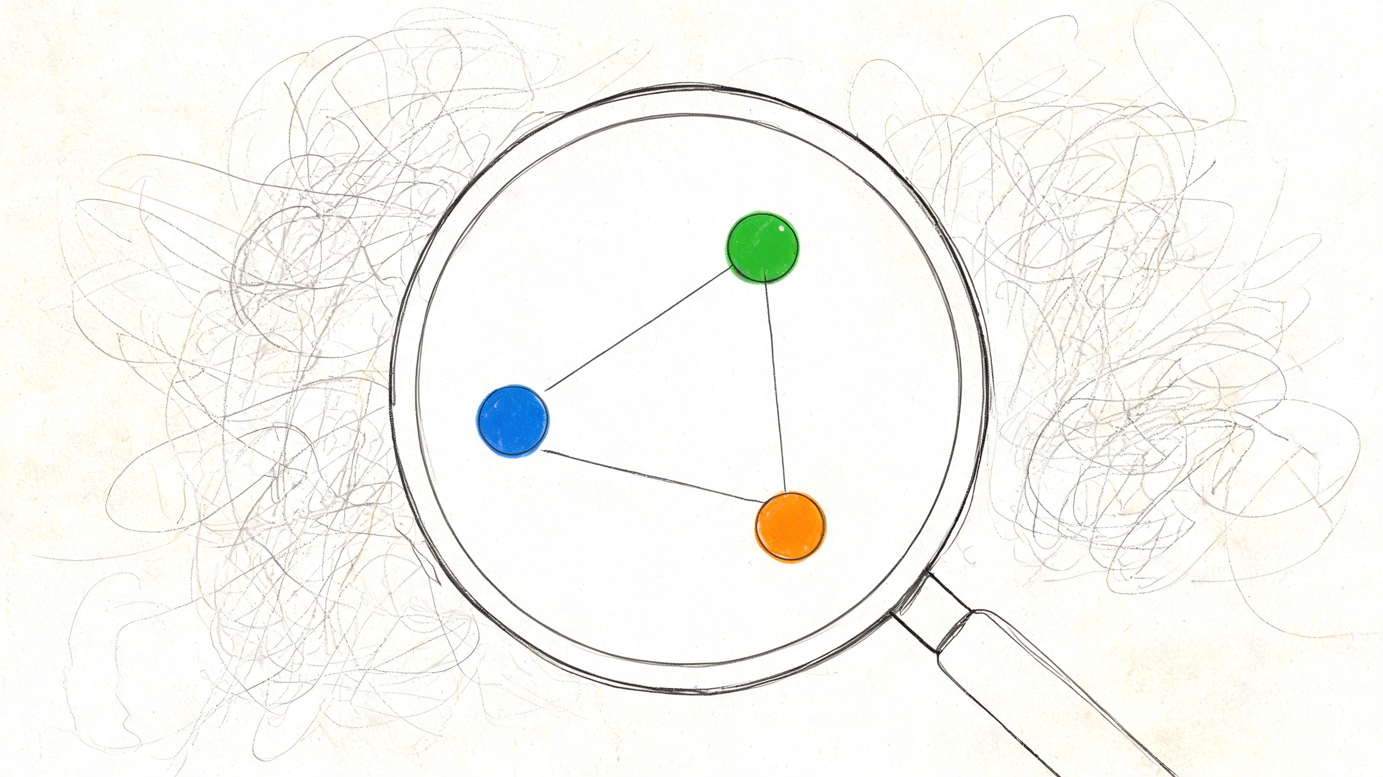 A magnifying glass focusing on three colorful dots connected by lines, representing clear data analysis concepts.