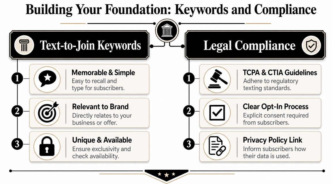 A diagram outlining steps for text-to-join keywords and legal compliance in business SMS marketing strategies.