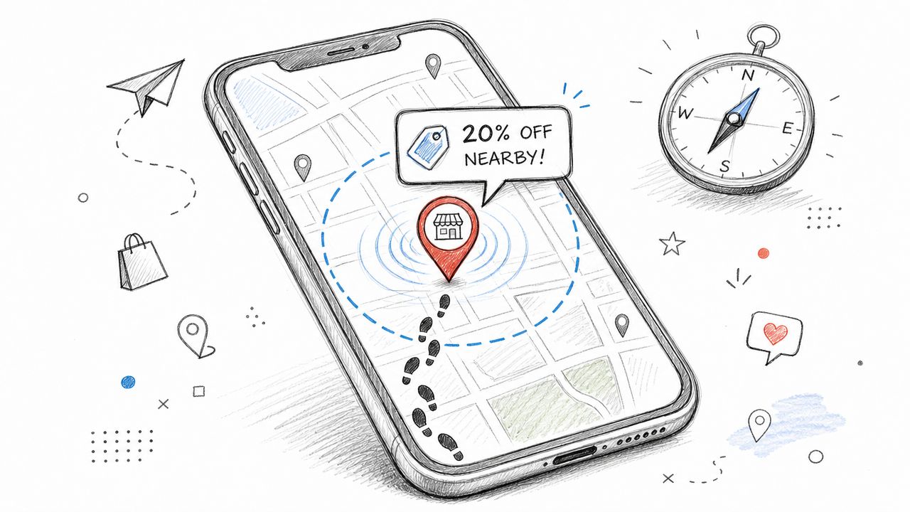 A hand-drawn illustration of a smartphone displaying a map with location pins and a discount notification.