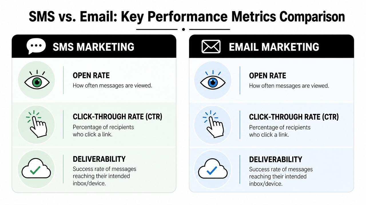 A comparison infographic showing key performance metrics for SMS marketing versus email marketing campaigns.