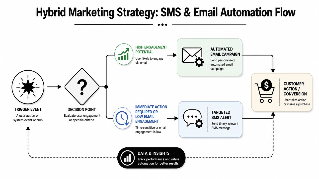 A flowchart showing a hybrid marketing strategy using automated email campaigns and targeted SMS alerts for conversions.