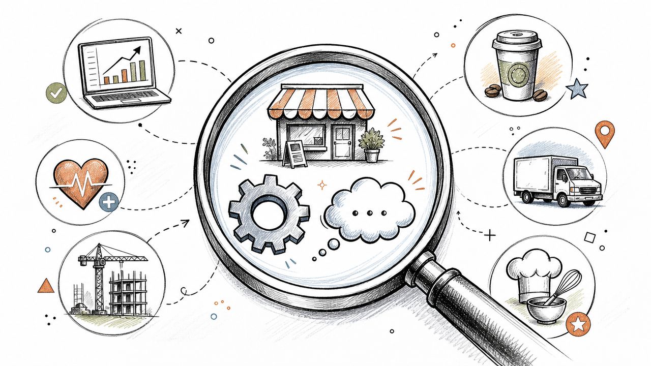 A magnifying glass focusing on a shop icon surrounded by various business and industry related illustrations.