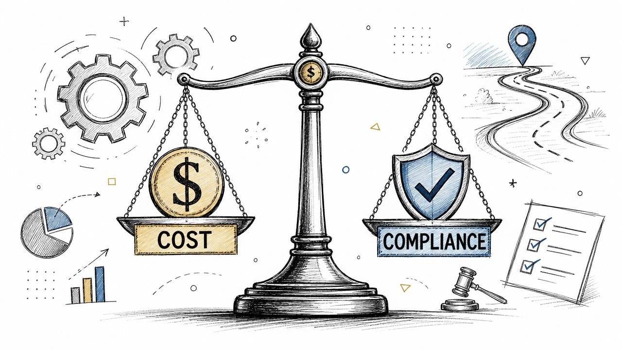 A conceptual illustration balancing cost and compliance on a legal scale, suggesting business decision-making trade-offs.