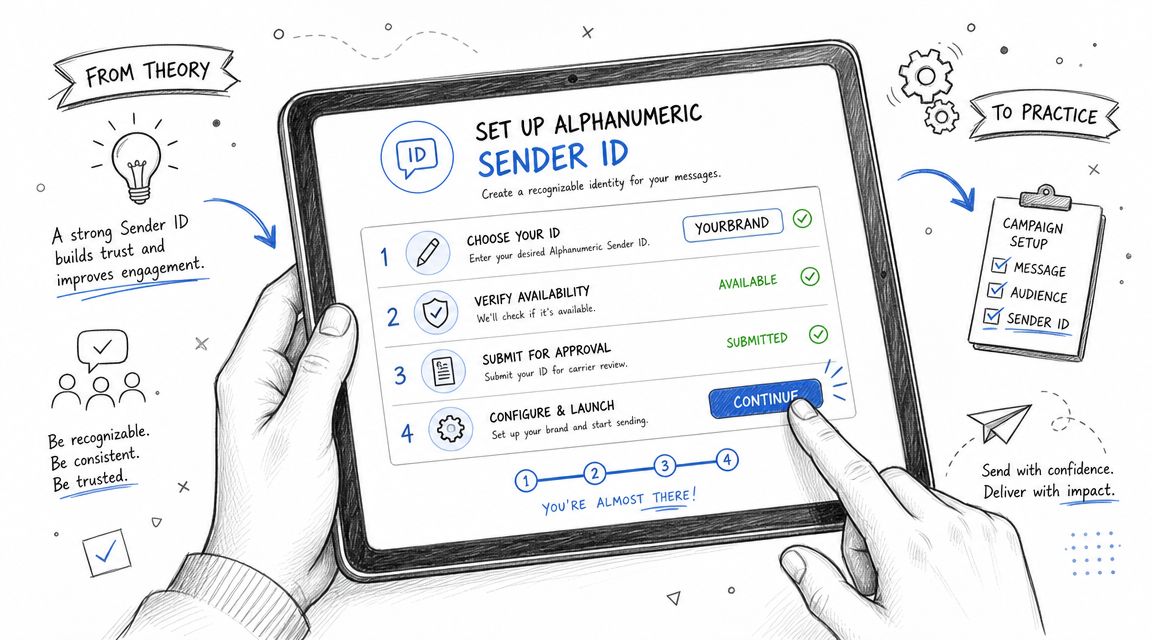 A hand holding a tablet displaying a step-by-step guide on how to set up an alphanumeric sender ID.