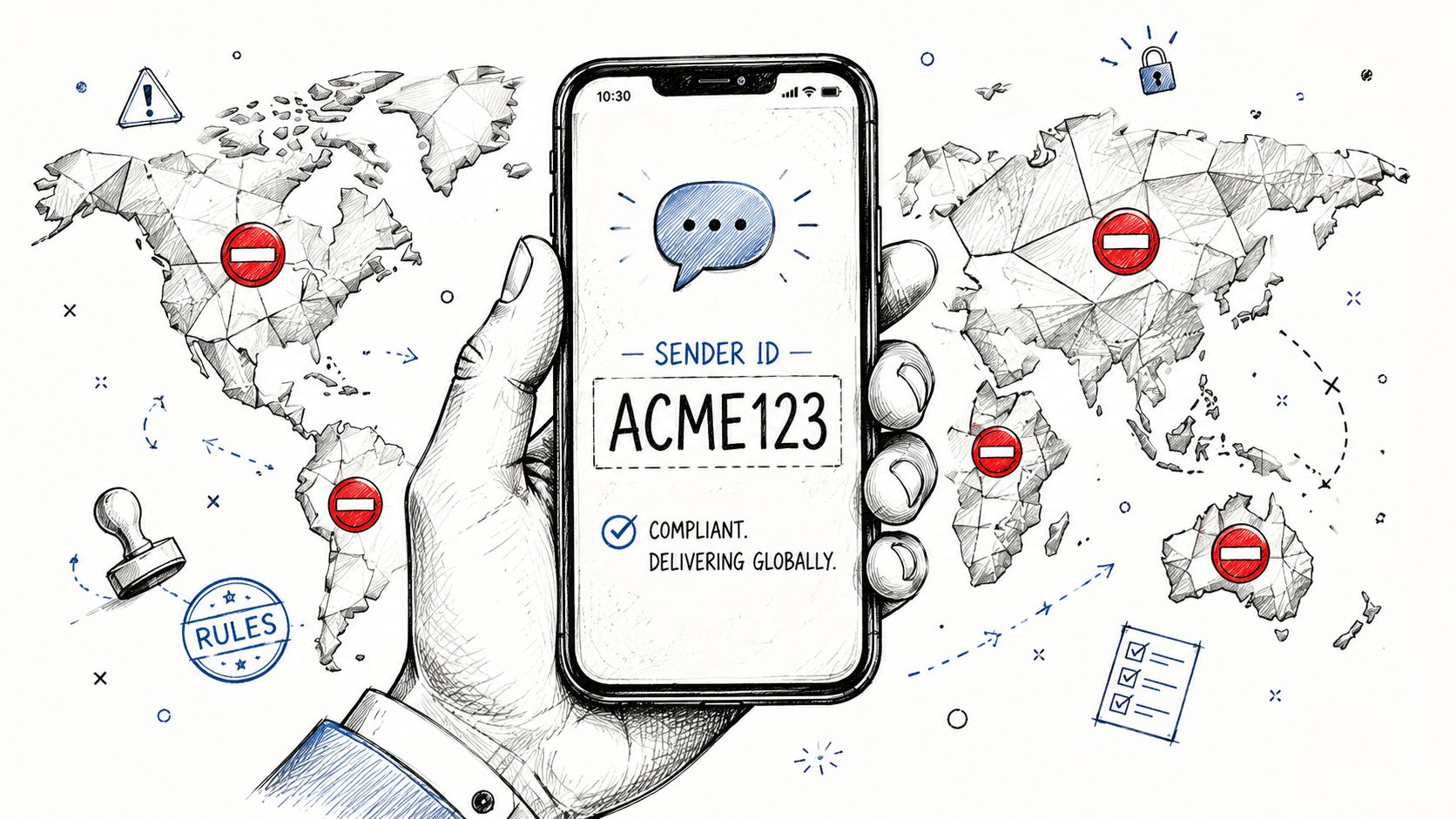 A hand holding a smartphone showing a global SMS Sender ID compliance notification with a map background.