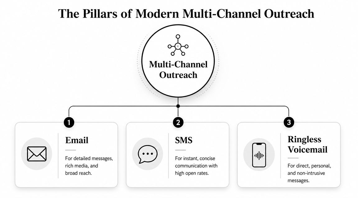 A diagram illustrating the three main pillars of modern multi-channel outreach: email, SMS, and ringless voicemail.