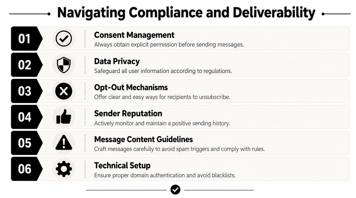 A checklist infographic detailing six essential steps for navigating compliance and deliverability for email and SMS services.