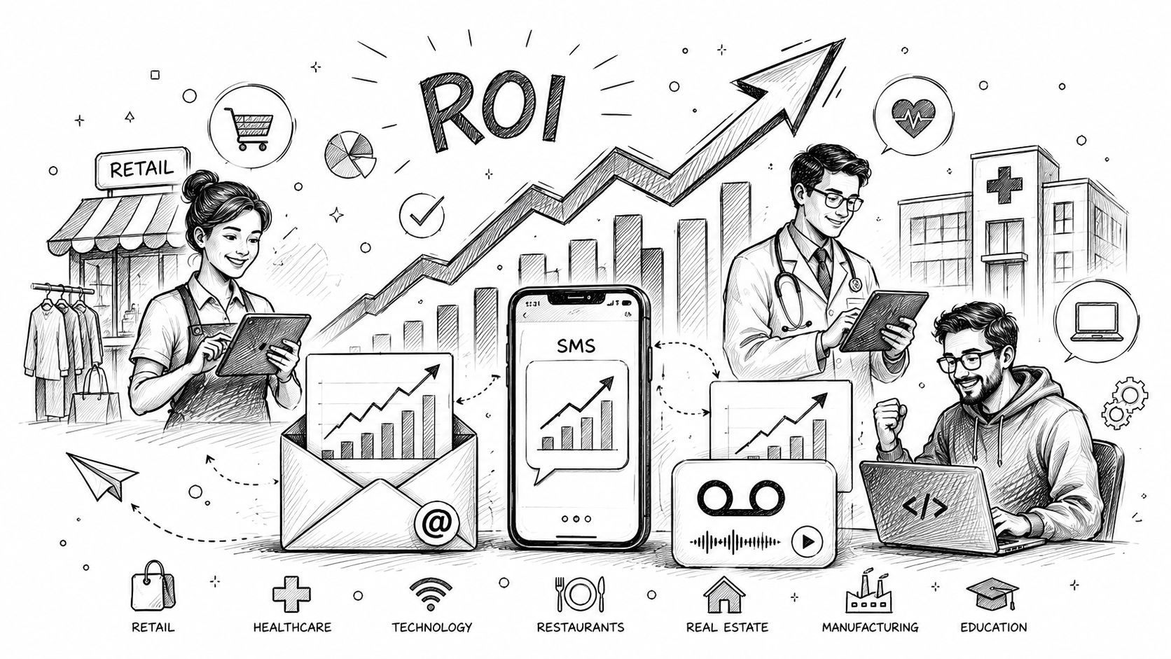 A professional illustration showing various industries using email and SMS services to increase business return on investment.