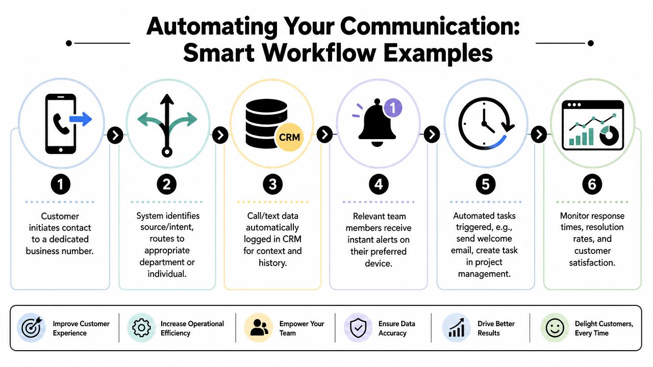A six-step infographic illustrating a smart automated communication workflow for businesses using call and text routing.