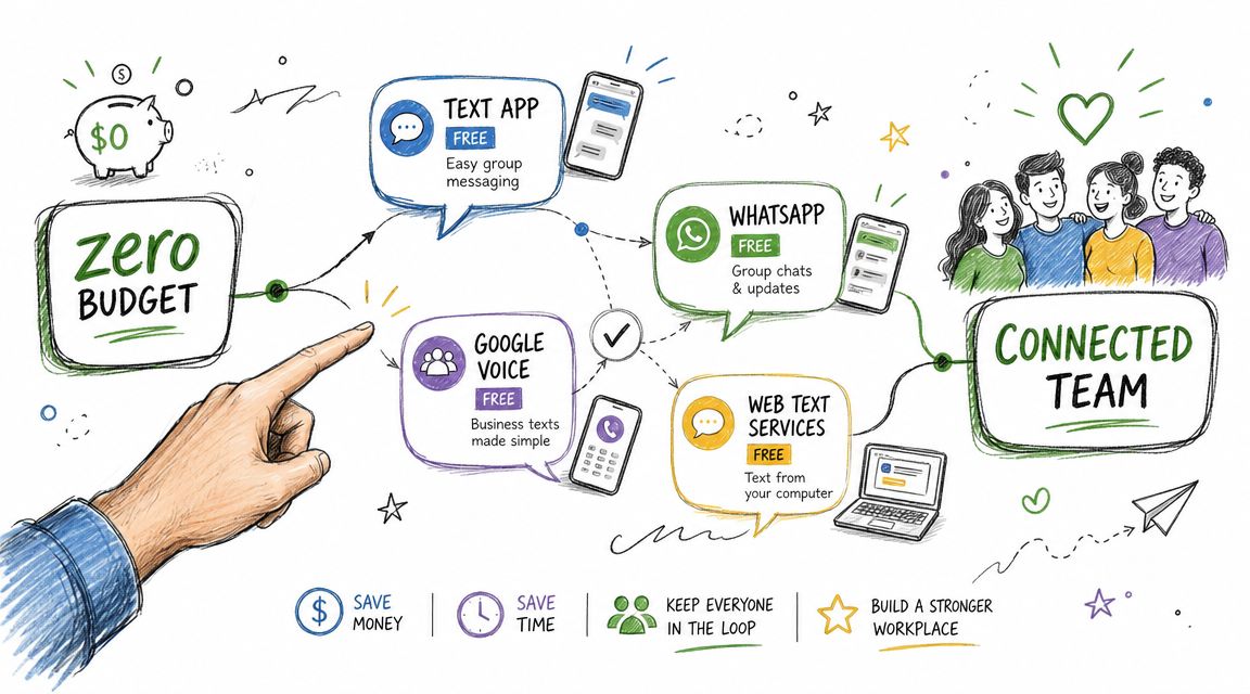 A hand pointing to a chart illustrating how to connect teams using free messaging services.
