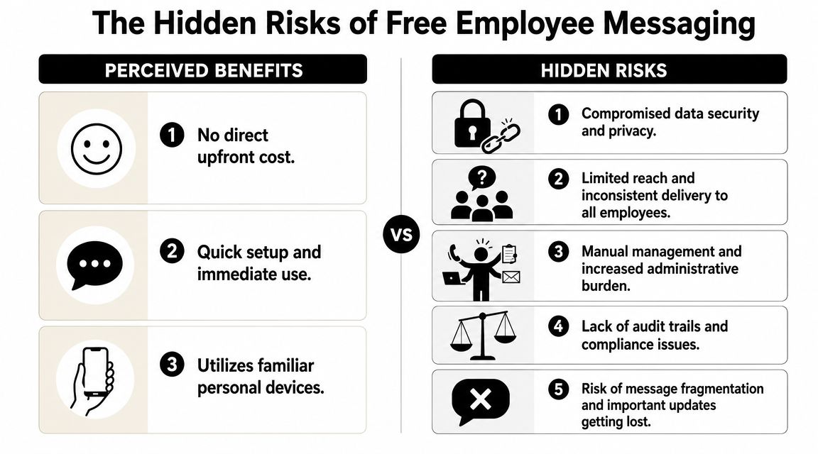 A comparison chart outlining the perceived benefits versus the hidden risks of using free employee messaging platforms.