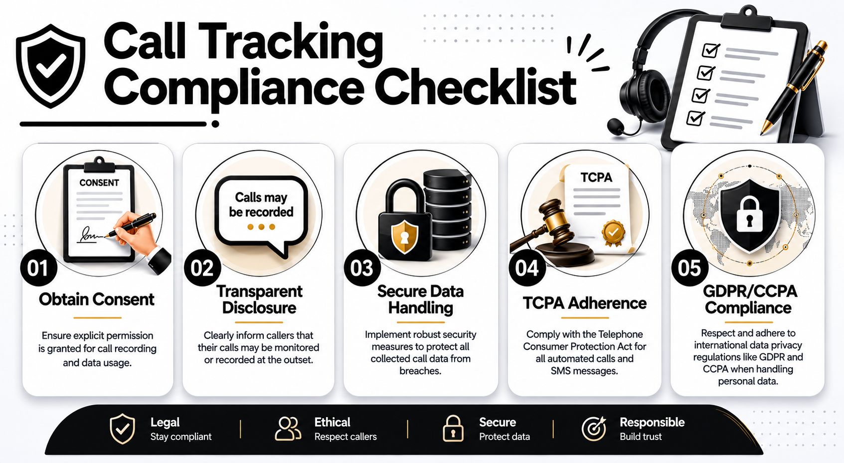 An infographic illustrating a five-step checklist for maintaining legal compliance in call tracking and data handling.