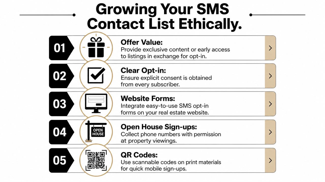 A five-step guide on how to ethically grow your real estate SMS contact list for marketing.