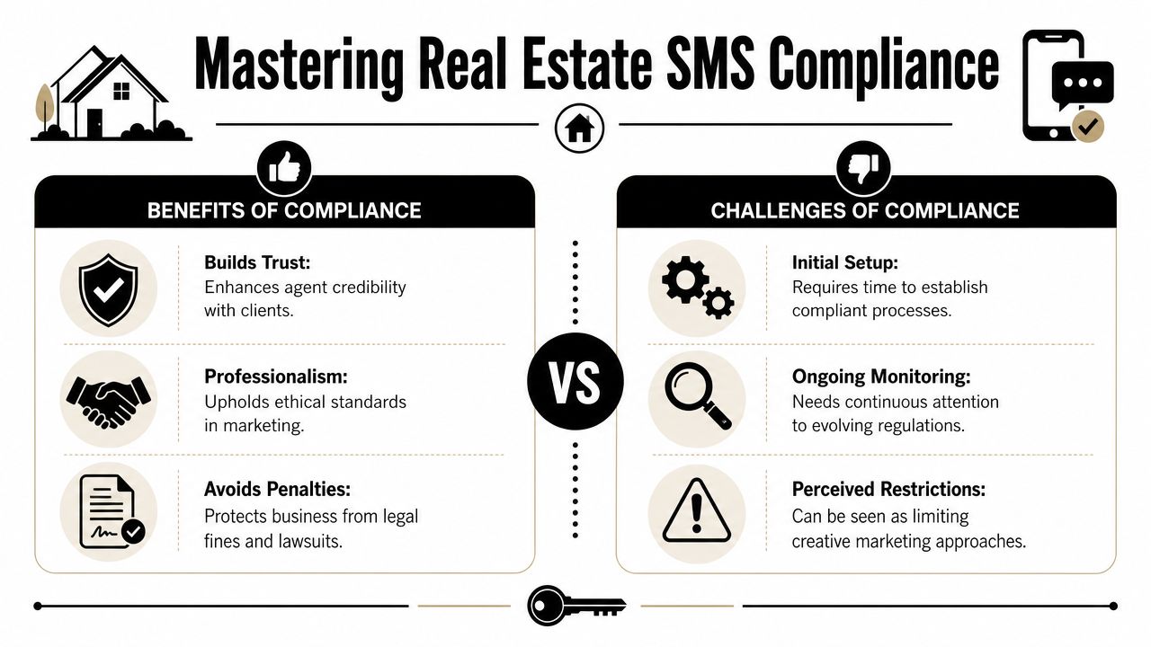 An infographic comparing the key benefits and challenges of real estate SMS compliance for professional marketers.