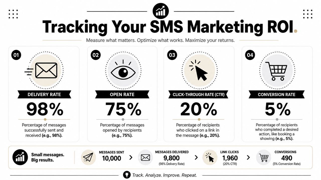 An infographic detailing four key SMS marketing metrics including delivery rate, open rate, CTR, and conversion rate.