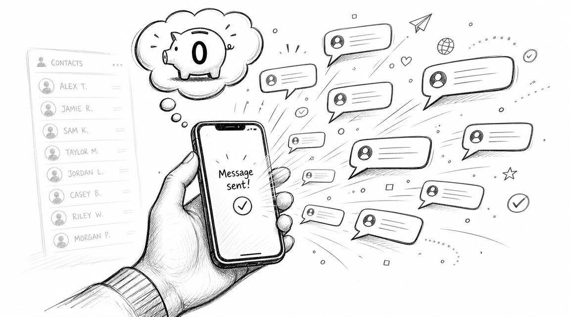 A hand holding a smartphone showing a message sent notification with bulk messages flying out digitally.