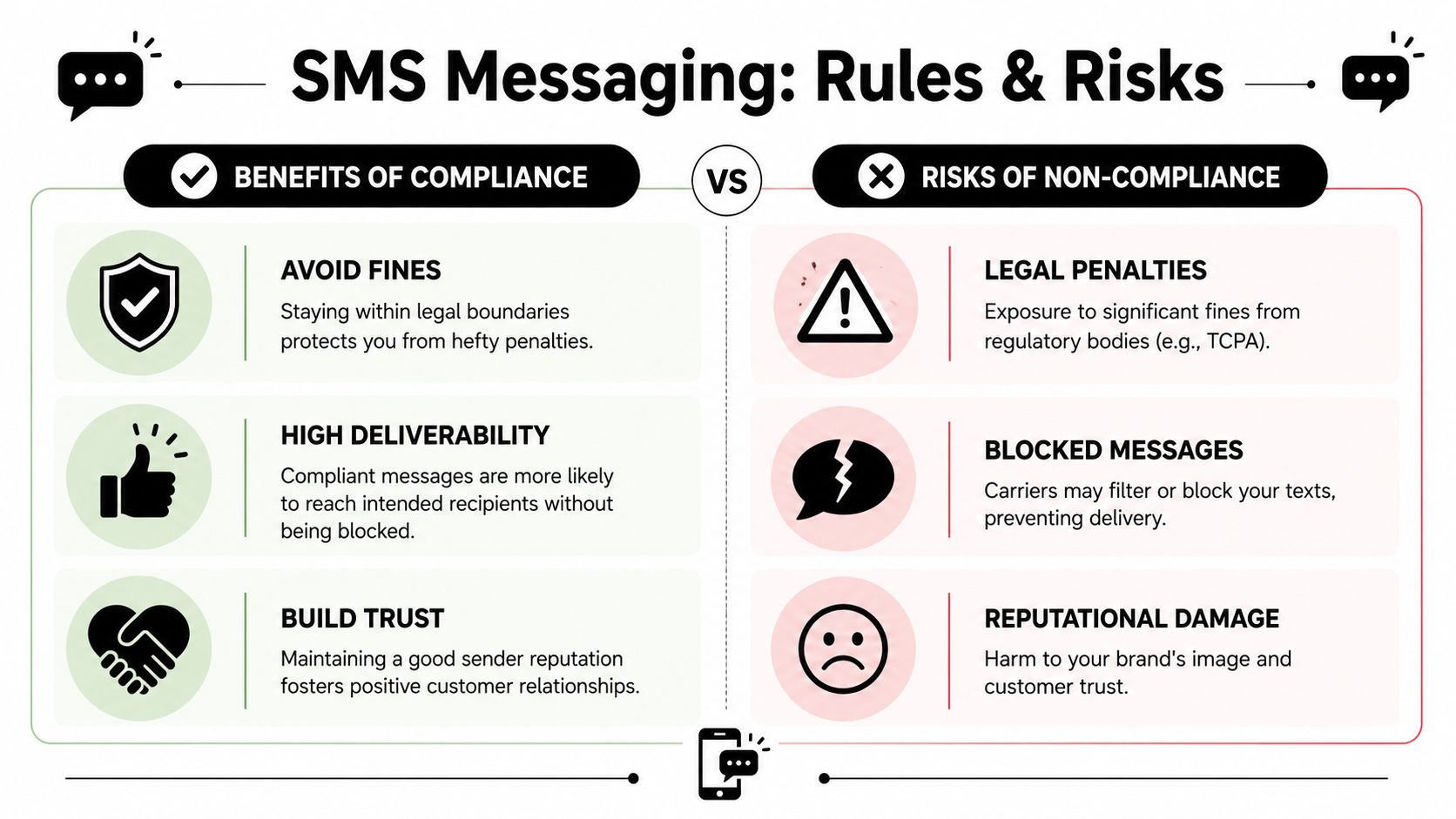 A comparison infographic showing the benefits of compliance versus the risks of non-compliance in SMS messaging.
