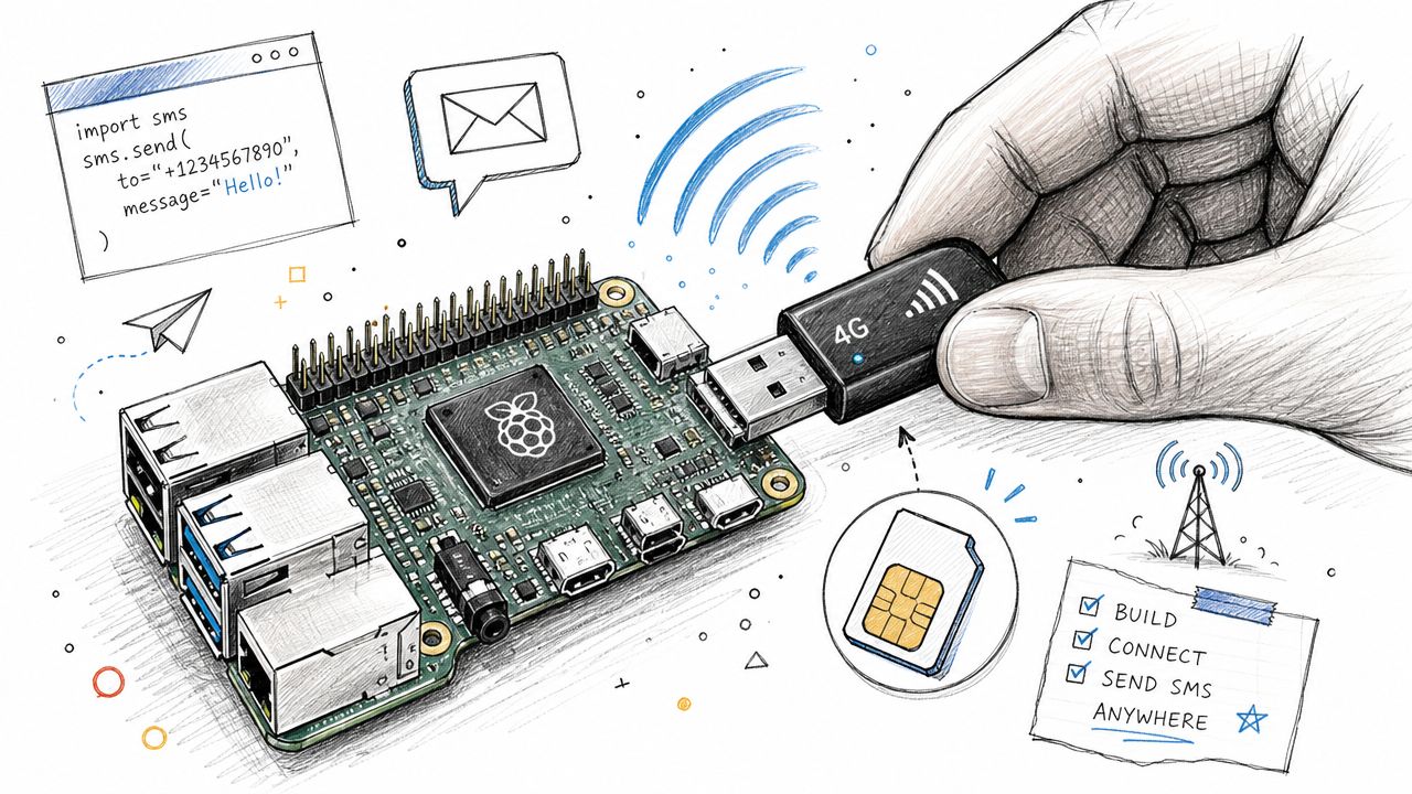 A sketched illustration of a hand inserting a 4G USB modem into a Raspberry Pi board.