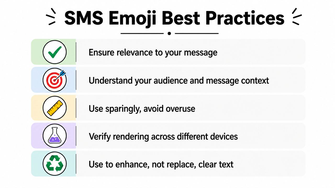 A list of five best practices for using emojis in SMS marketing displayed on a clean graphic.