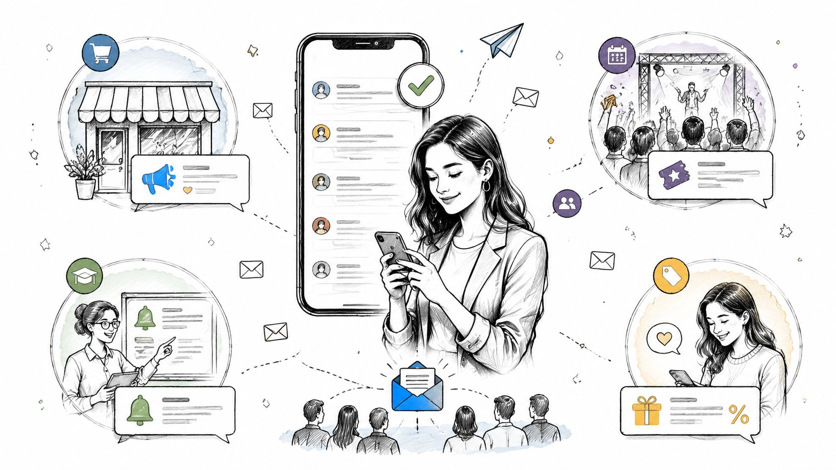 A businesswoman using a smartphone surrounded by various communication icons and illustrations representing digital connectivity and engagement.