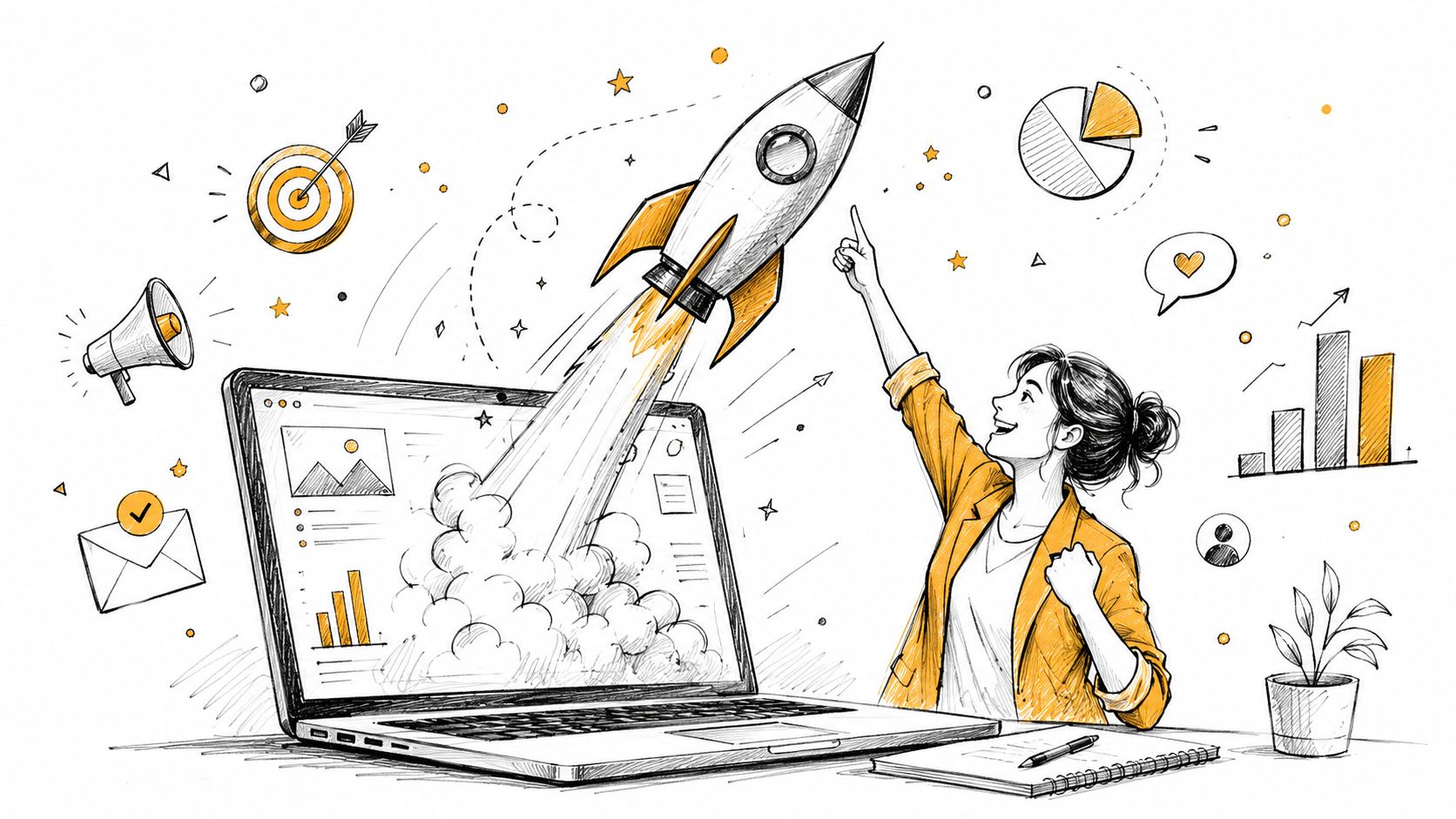 A woman celebrating business success as a rocket launches from a laptop screen surrounded by marketing icons.