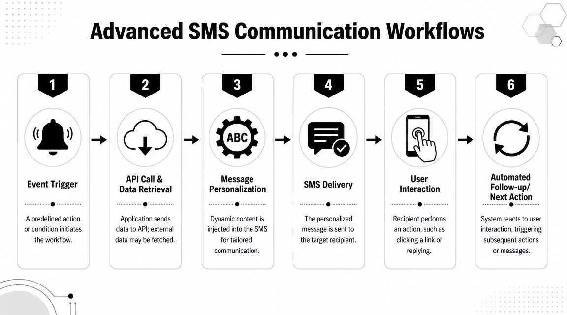 A flowchart showing the six-step process for an advanced automated SMS communication workflow using API integration.