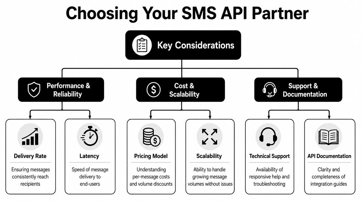 A flowchart detailing the key considerations for choosing an SMS API partner, including performance, cost, and support.