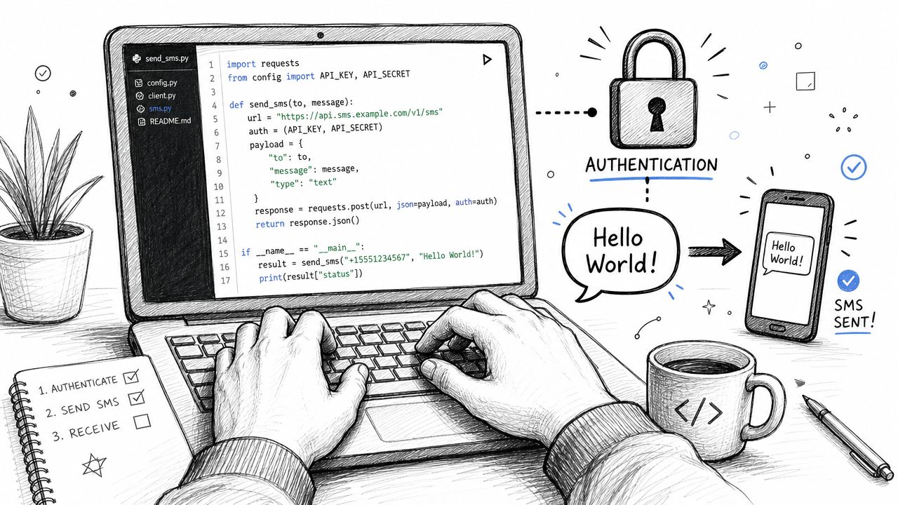 A person coding an SMS messaging application on a laptop with an authentication icon and phone notification.