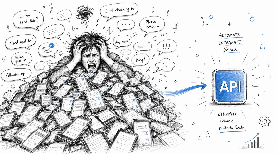A person overwhelmed by numerous text messages on smartphones, contrasting with a clean, automated API solution.