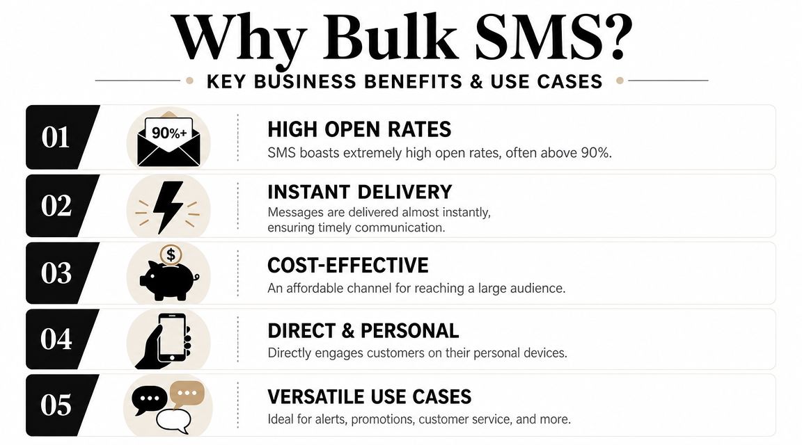 An infographic detailing five key business benefits of using bulk SMS marketing for customer communication.