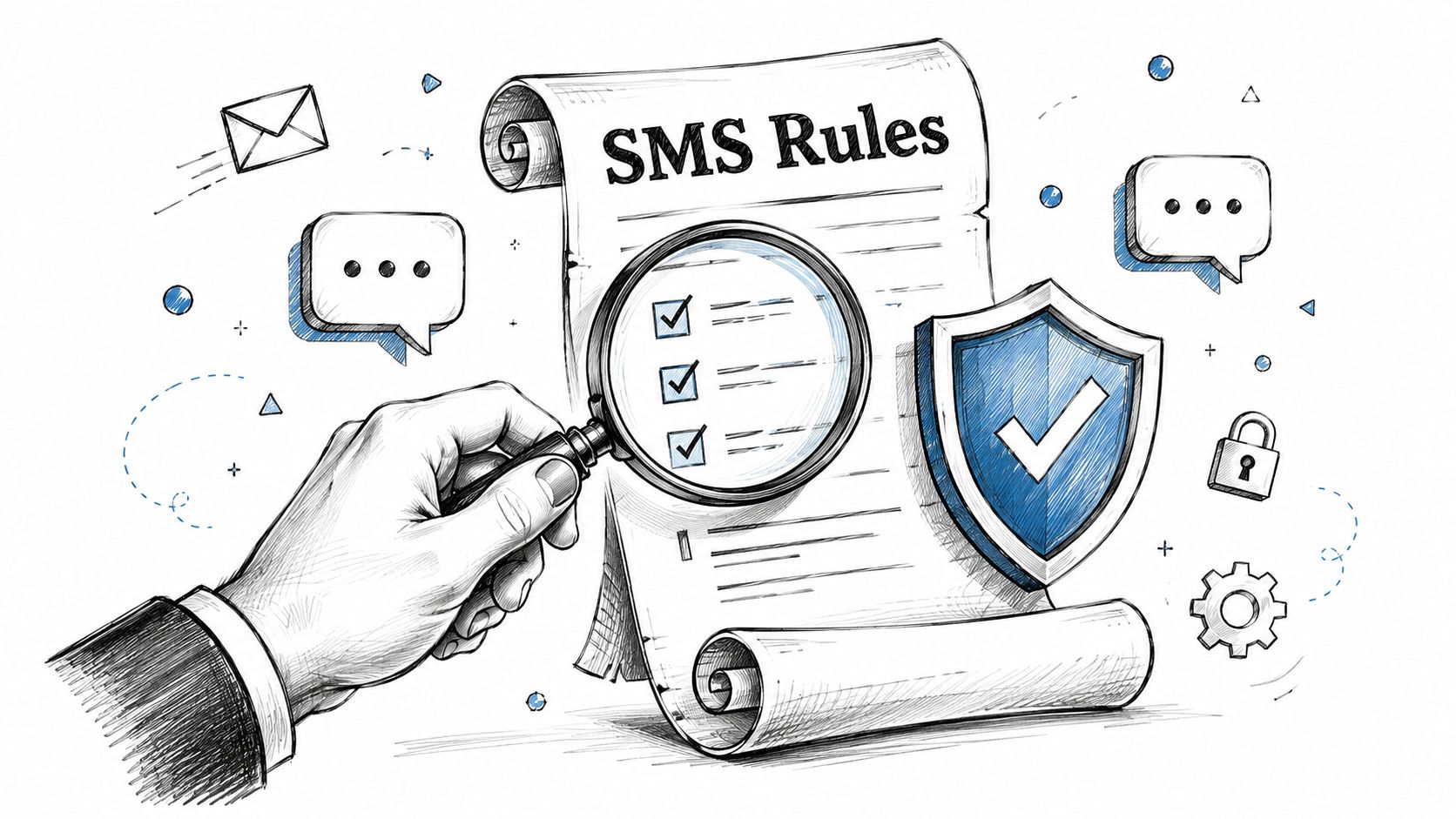 A hand holding a magnifying glass inspecting a scroll labeled SMS Rules with a security shield icon.