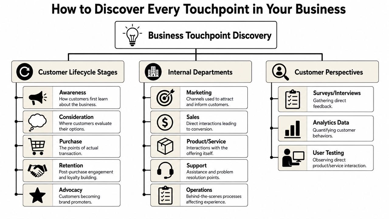 A diagram outlining the business touchpoint discovery process through customer lifecycle stages, internal departments, and customer perspectives.