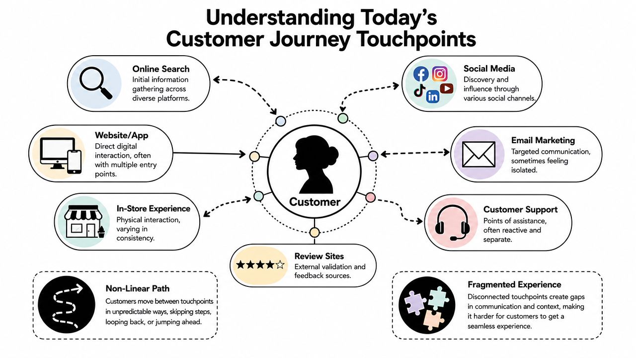 A diagram illustrating various customer journey touchpoints connecting to a central customer experience with explanatory text.