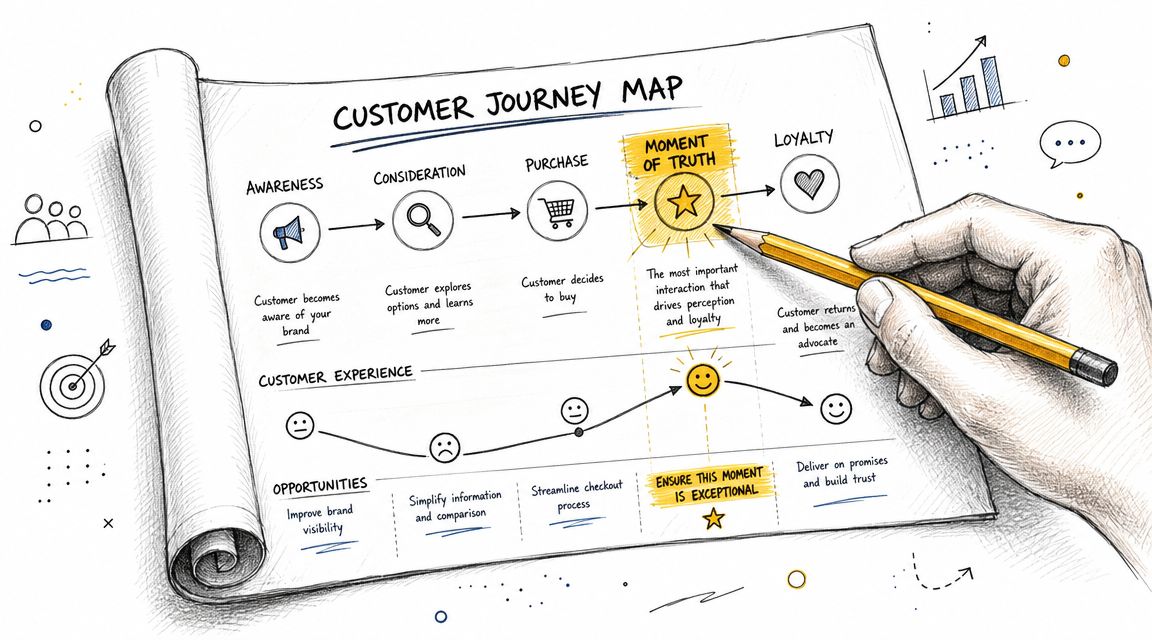A hand-drawn sketch of a customer journey map showing stages from awareness to loyalty on paper.