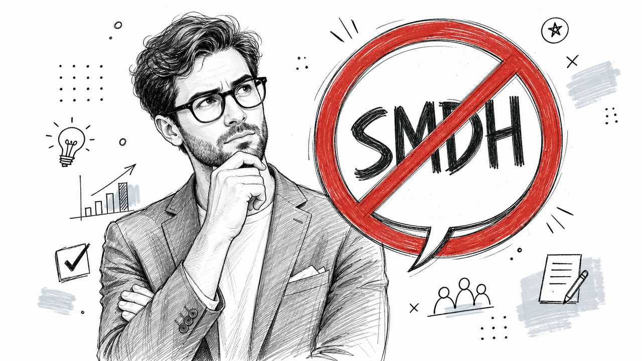 A sketched illustration of a thoughtful businessman next to a large red prohibited sign containing the letters SMDH.