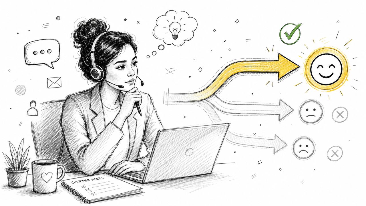 A customer service agent thinking about solutions to lead to positive customer satisfaction and positive outcomes.