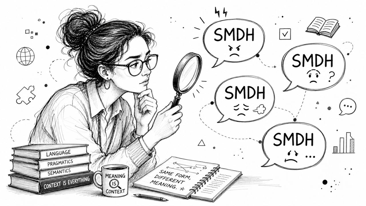 A woman studying the linguistic ambiguity and different contextual meanings of the acronym SMDH.