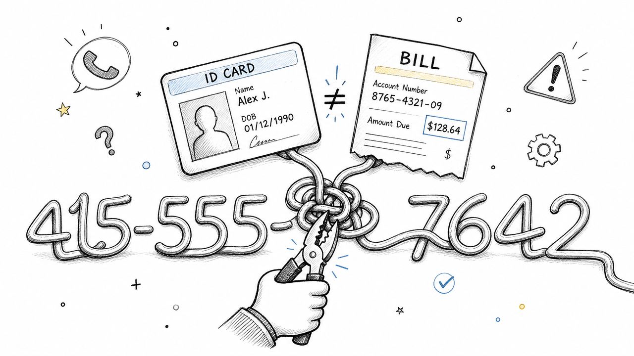 A hand using pliers to cut a knotted telephone wire connecting an ID card and a bill.