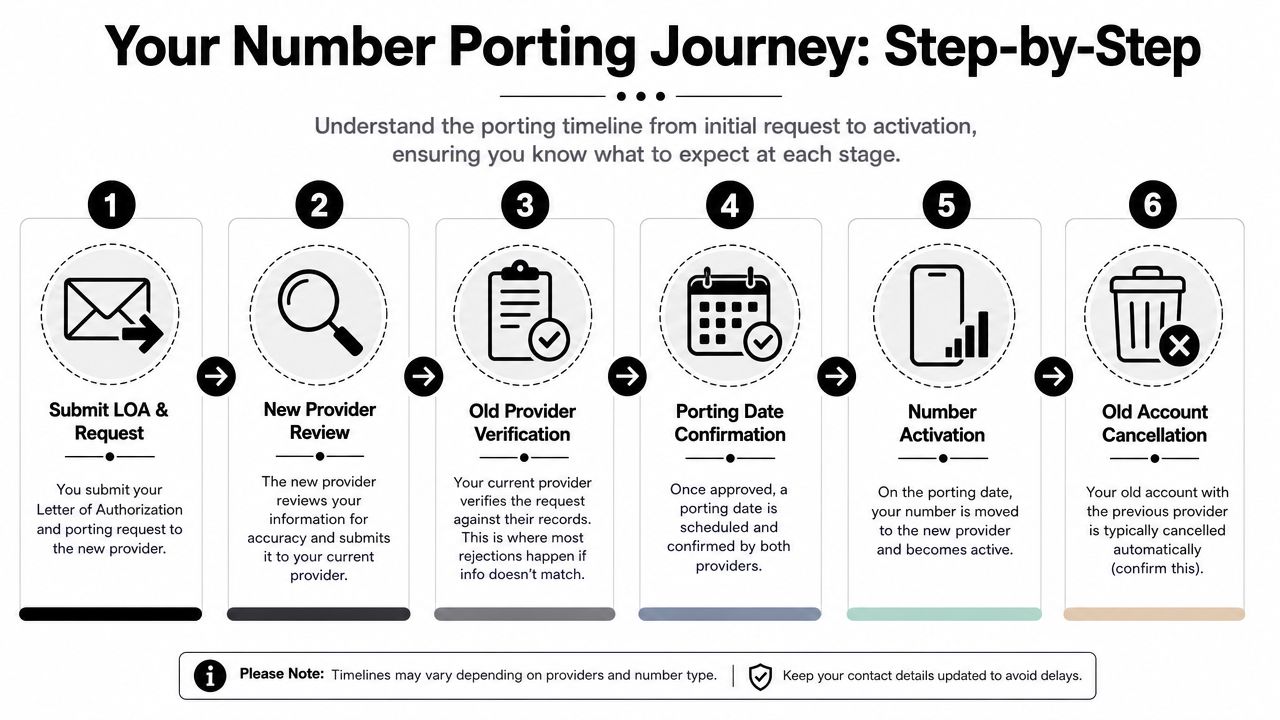 A six-step infographic illustrating the professional process of porting a phone number to a new service provider.