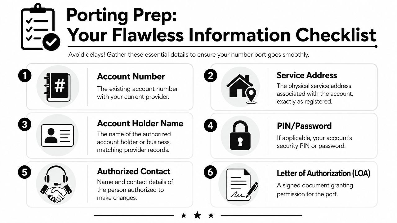 A checklist infographic titled Porting Prep outlining six essential requirements for successfully transferring a phone number.