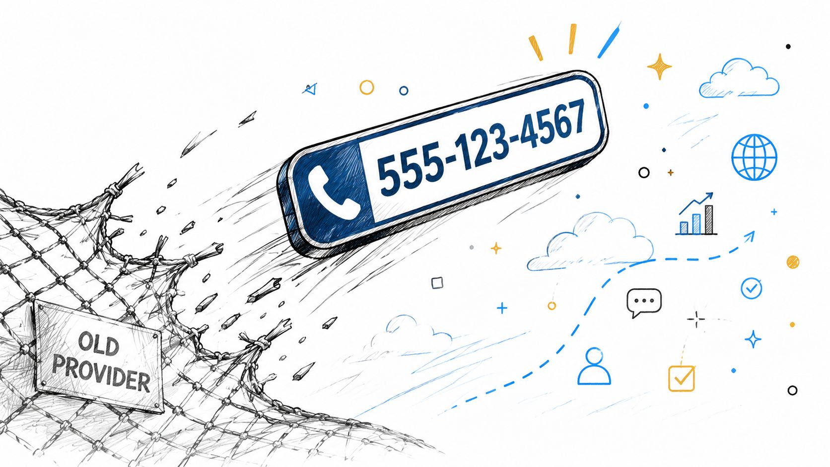 A conceptual illustration showing a telephone number breaking through a net labeled Old Provider.